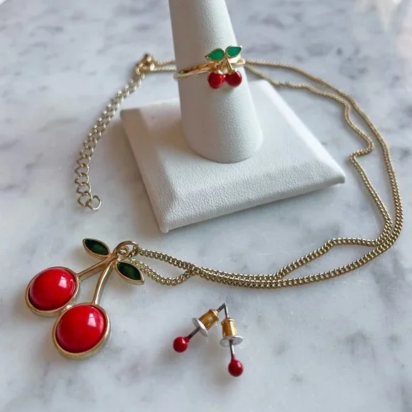 Cherries Necklace and Ring with Coordinating Post Earrings, 3-Piece Set - Picture 1 of 7